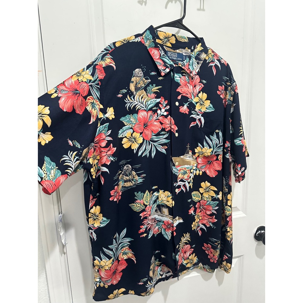 Polo Ralph Lauren Tropical Floral Camp XL Navy Nautical Hawaiian Shirt - Picture 3 of 6